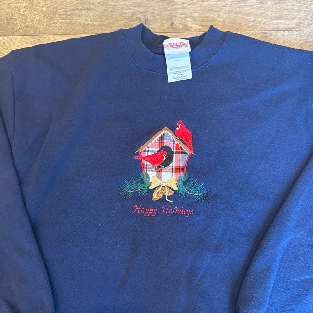 VTG 90s Red Cardinal Sweater Womens Large Navy Crewneck Sweatshirt Embroidery - Picture 2 of 6